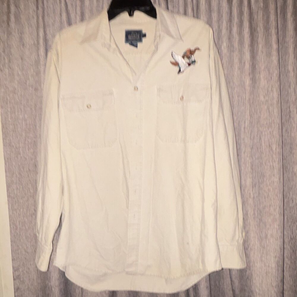 Woolrich Beige Cotton Embroidered Button-Up Shirt Men's Size L Long Sleeve